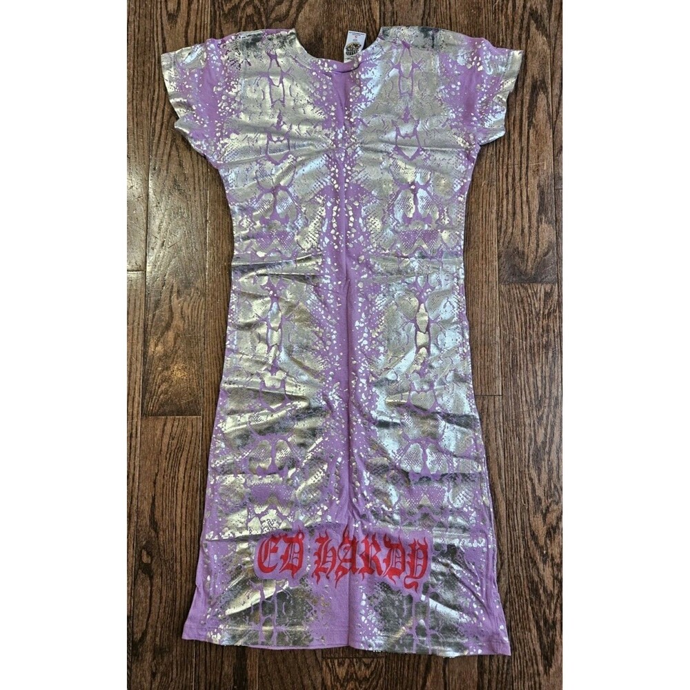 Vtg Y2K Ed Hardy Long T-Shirt Dress Womens S Purple Eagle Skull Snake READ - Picture 2 of 13